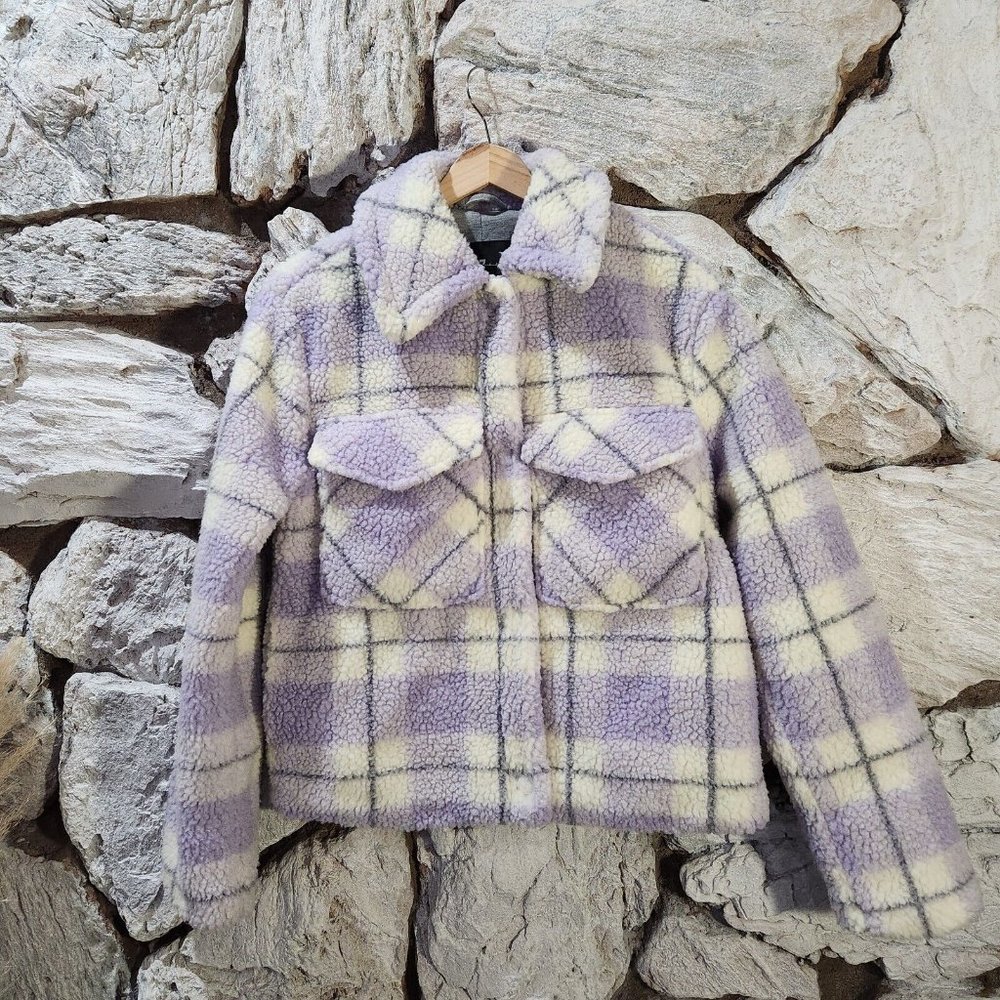 7 For All Mankind Plaid Shacket Paid Purple Fuzzy Long Sleeve Coat Women's XS
